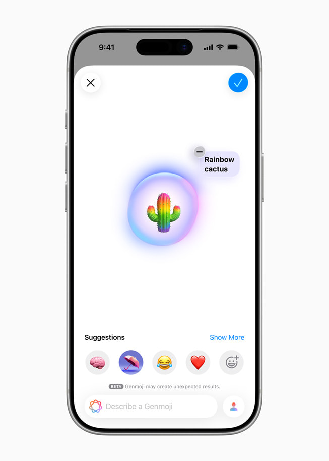 En Genmoji i form av en regnbågsfärgad kaktus visas på en iPhone.