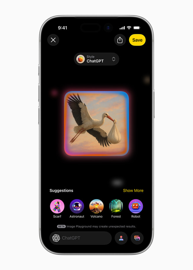 Image Playground med ChatGPT-integrering visas på en iPhone.
