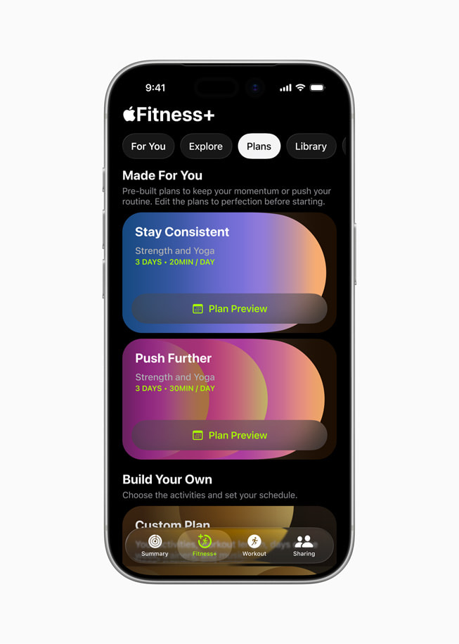 iPhone 17 ProのApple Fitness+に表示されているユーザーのカスタムプラン。
