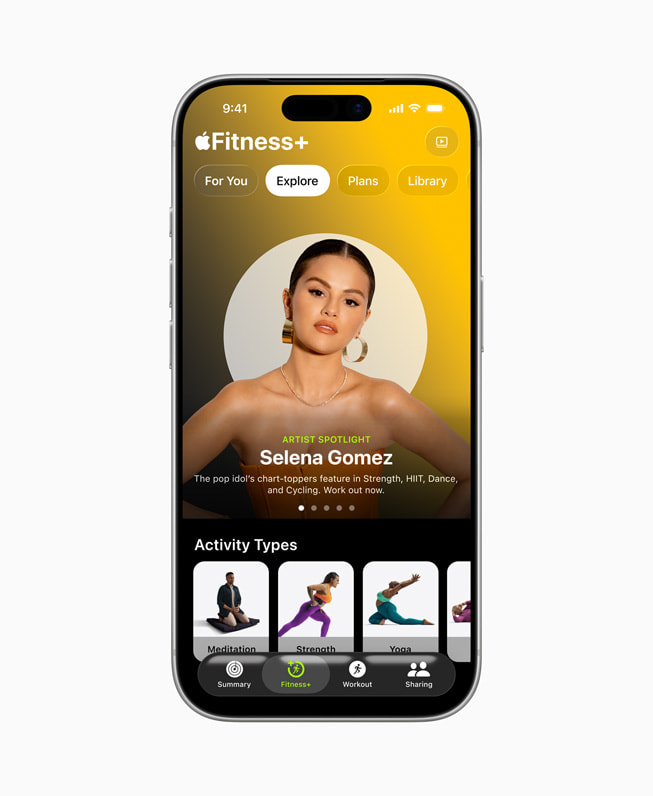 Artist Spotlight-sessie met Selena Gomez in Apple Fitness+ op iPhone 17 Pro.