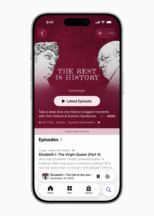 A screenshot taken on an iPhone 17 Pro that displays the podcast app screen for “The Rest Is History.”