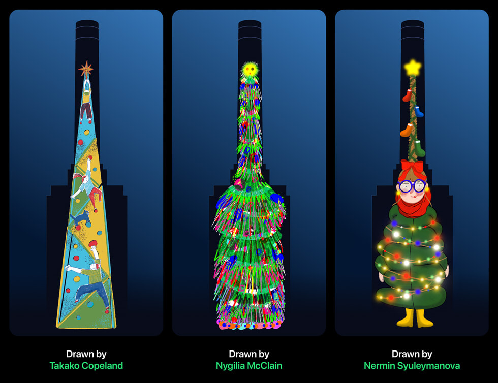 Colorful winning Christmas tree designs by Pedro Garlaschi, Charline Fabry, Marianna Capozi, and Kulay Labitigan. 