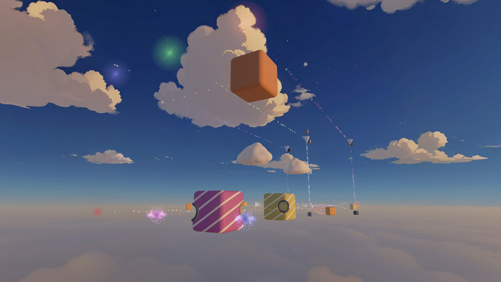 A screenshot taken on Apple Vision Pro that shows multiple boxes in a puzzle formation against a sky background.