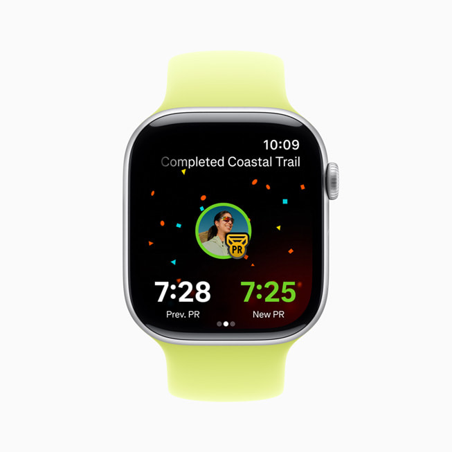 A screenshot taken on an Apple Watch Series 11 that shows a user setting a new personal record and completing a coastal trail.