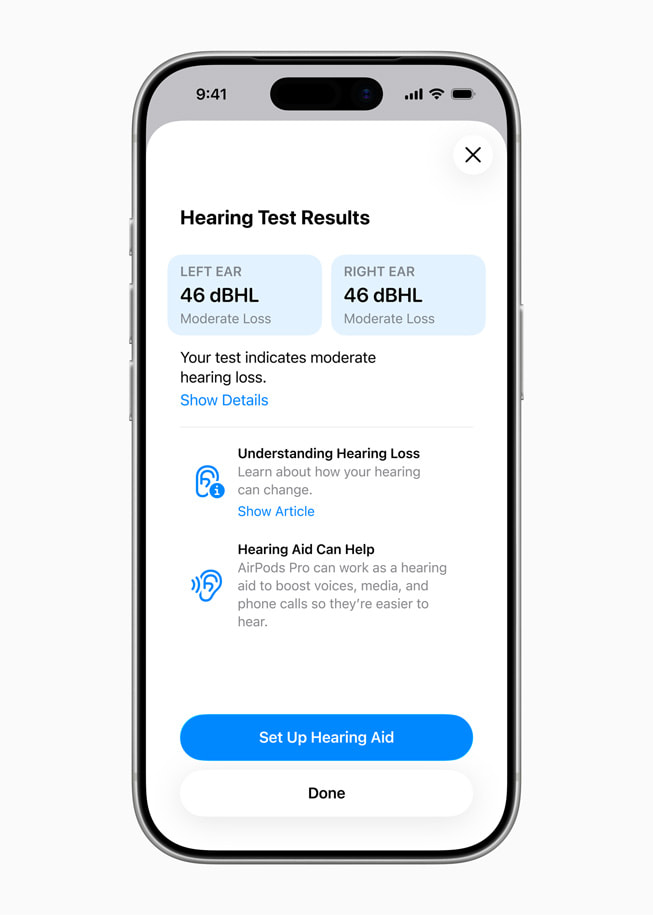A user’s iPhone 17 Pro shows their Hearing Test results in the Health app.