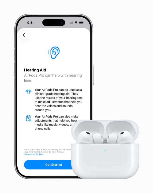 The Hearing Aid feature is shown on iPhone 17 Pro alongside AirPods Pro 3.