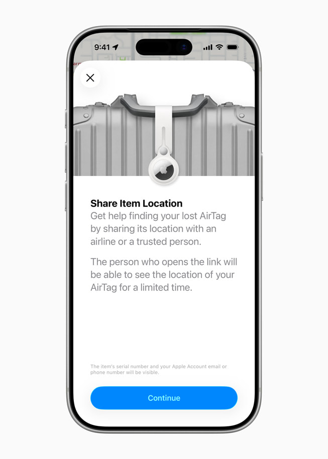 A user’s iPhone 17 Pro shows a screen that reads “Share Item Location” and gives instructions for finding a lost AirTag. A button at the bottom of the screen reads “Continue.”