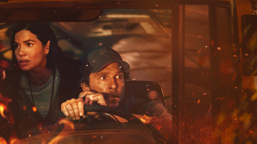 A still from Apple’s “The Lost Bus” shows actors America Ferrera and Matthew McConaughey.