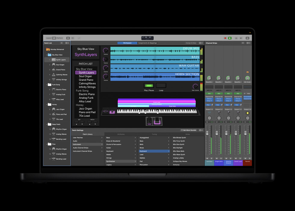 A MainStage setup in Logic Pro displayed on MacBook Pro.