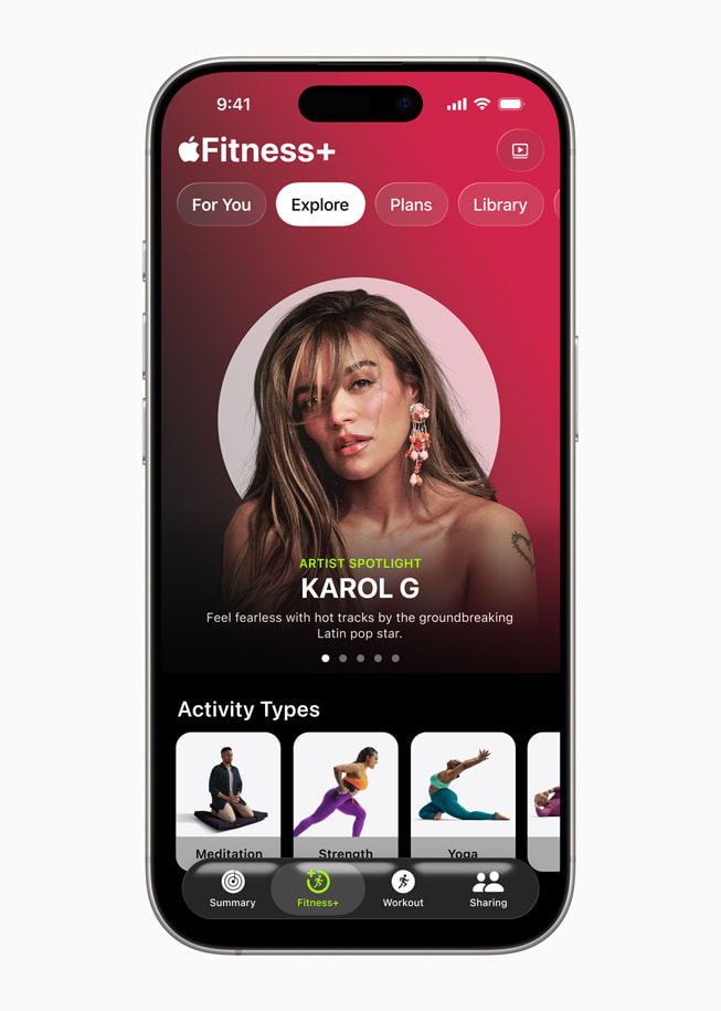 La página de Artista en Detalle en Apple Fitness+ en un iPhone.