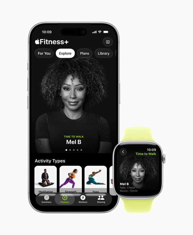 Hora de Caminar con Mel B en Apple Fitness+ en un iPhone y un Apple Watch.