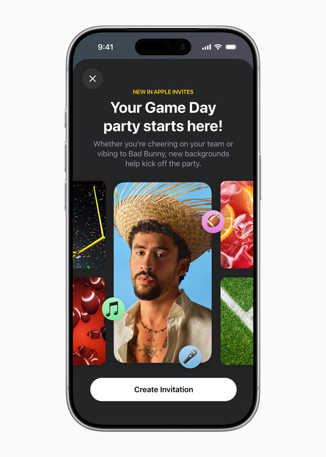 On iPhone 17 Pro, the Apple Invites app shows a new game day template with a photo of Bad Bunny that reads “Your Game Day party starts here,” with a button at the bottom that reads “Create Event.”