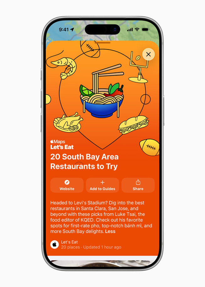 On iPhone 17 Pro, the Apple Maps app shows Lucas Tsai’s Let’s Eat Guide to South Bay Area Restaurants to Try.