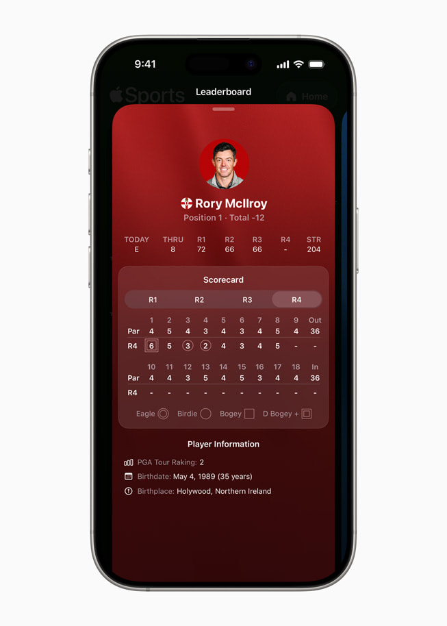 An iPhone 17 Pro screen shows a leaderboard page for golfer Rory McIlroy in the Apple Sports app.