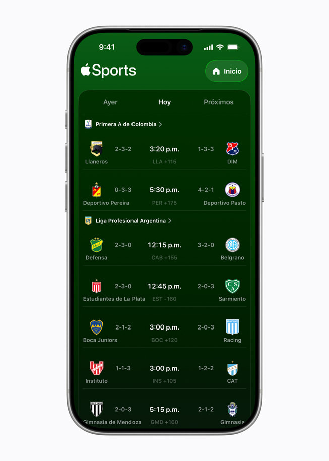 Pantalla de la app Apple Sports en un iPhone.