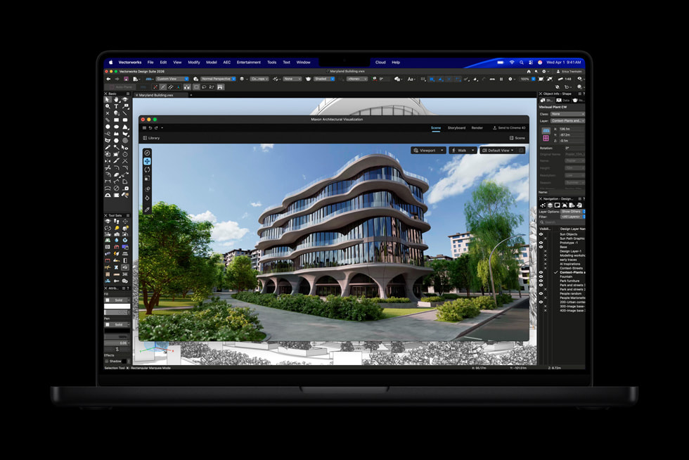MacBook Pro shows a building rendering in Vectorworks.