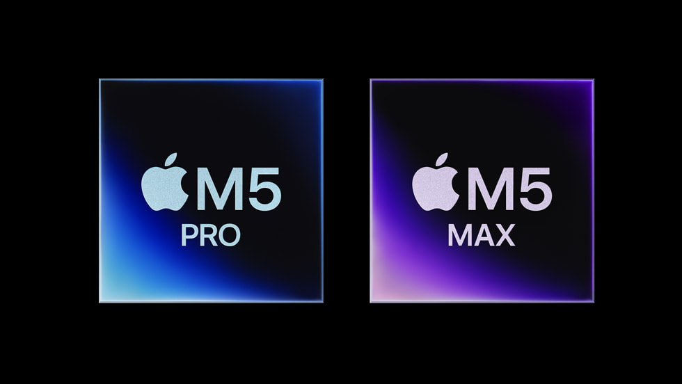 A graphic representation of Apple’s M5 Pro and M5 Max chips against a black background.