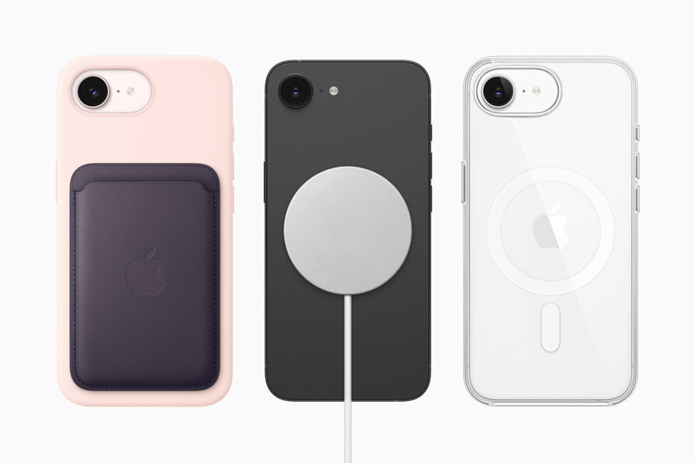 A pink iPhone 17e with a midnight purple FineWoven Wallet with MagSafe, a black iPhone 17e with MagSafe Charger, and a white iPhone 17e with Clear Case with MagSafe are shown.