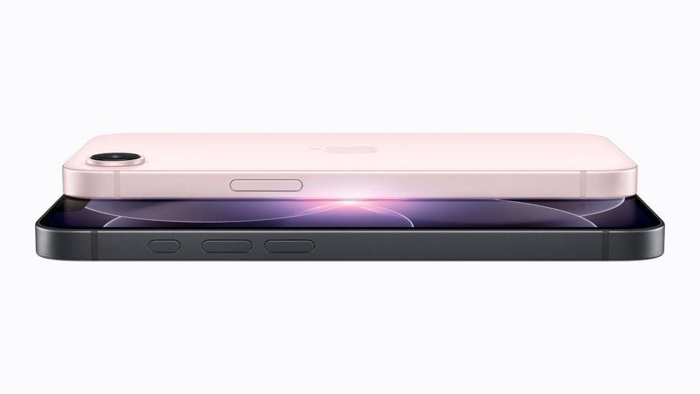 Two iPhone 17e devices, one in black and the other in soft pink, are stacked on top of each other.