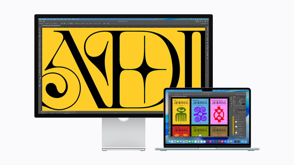Adobe Illustrator is shown on Studio Display and MacBook Air.