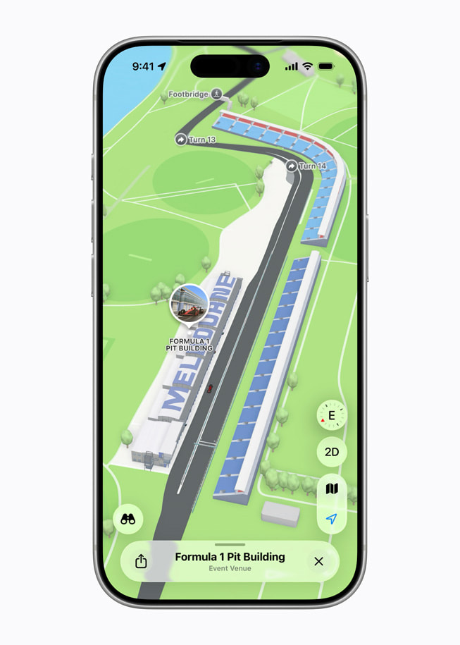 iPhone shows an Apple Maps screen featuring the F1 pit building at the Australian Grand Prix.