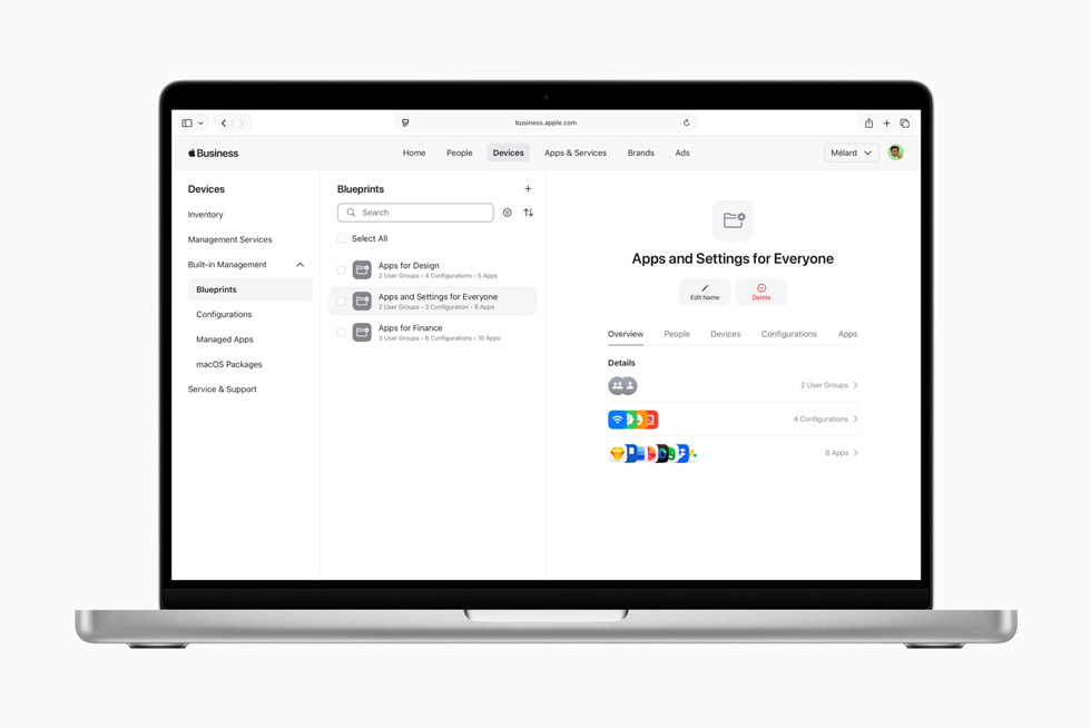 Blueprints are shown within Apple Business on Mac.
