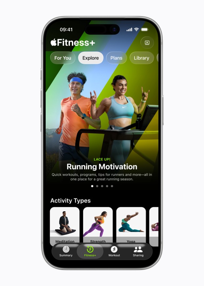 iPhone shows an Apple Fitness+ screen that says “Running Motivation” and features running workouts and tips. 