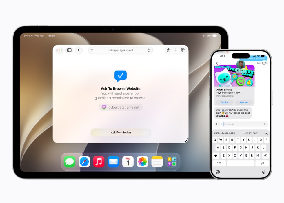 iPad Pro 11 inci menampilkan prompt Minta Izin Menjelajah Situs Web, sementara iPhone 17 Pro menampilkan permintaan persetujuan di Pesan.