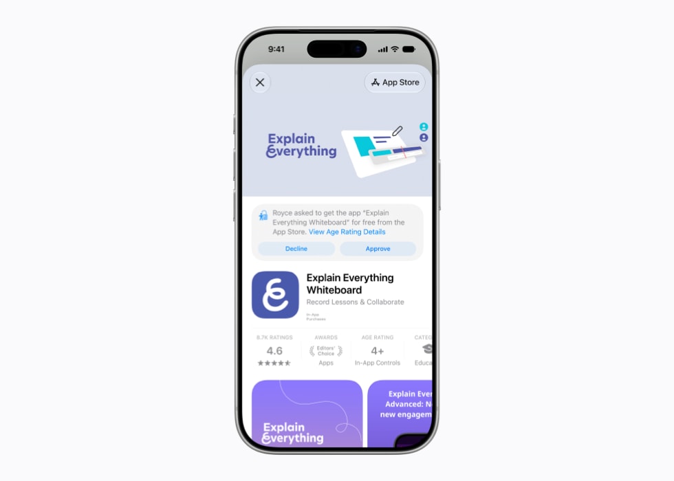 Layar di iPhone 17 Pro menampilkan prompt Minta Izin Pembelian untuk aplikasi Explain Everything Whiteboard di App Store.