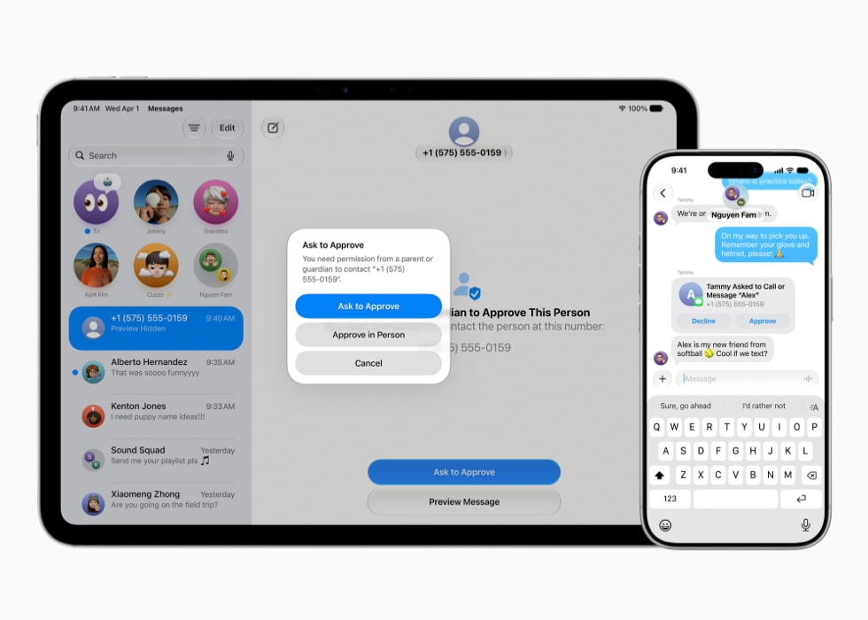 iPad Pro 11 inci menampilkan permintaan Minta Persetujuan di Pesan, dan di sebelahnya, iPhone 17 Pro menampilkan permintaan persetujuan terkait, juga di Pesan.