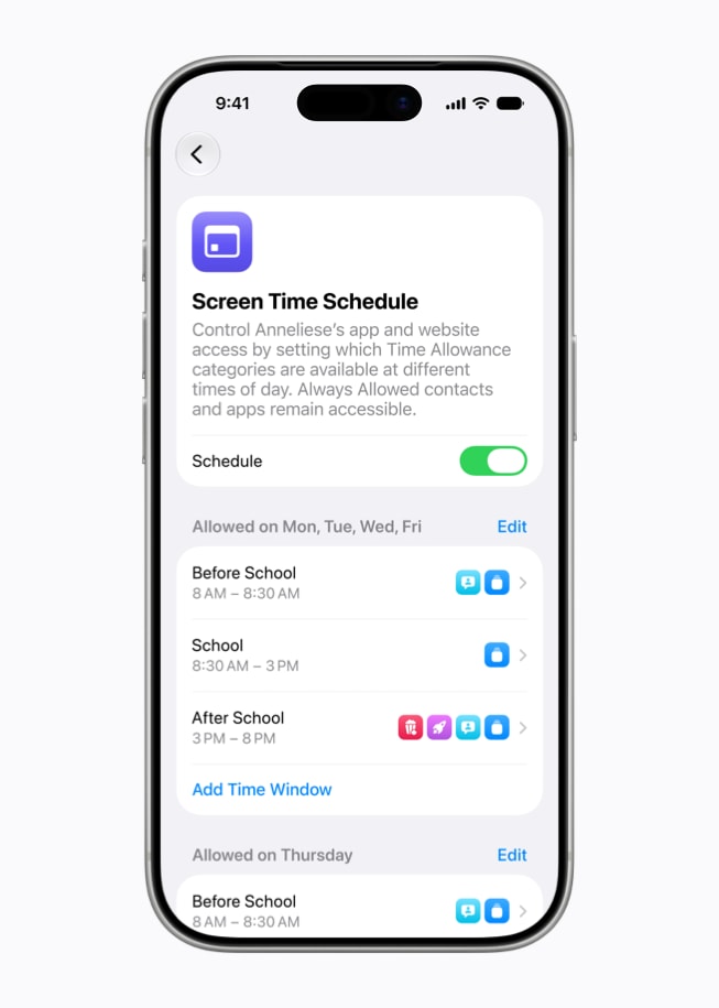Layar di iPhone 17 Pro menampilkan opsi untuk mengatur Jadwal Durasi Layar.