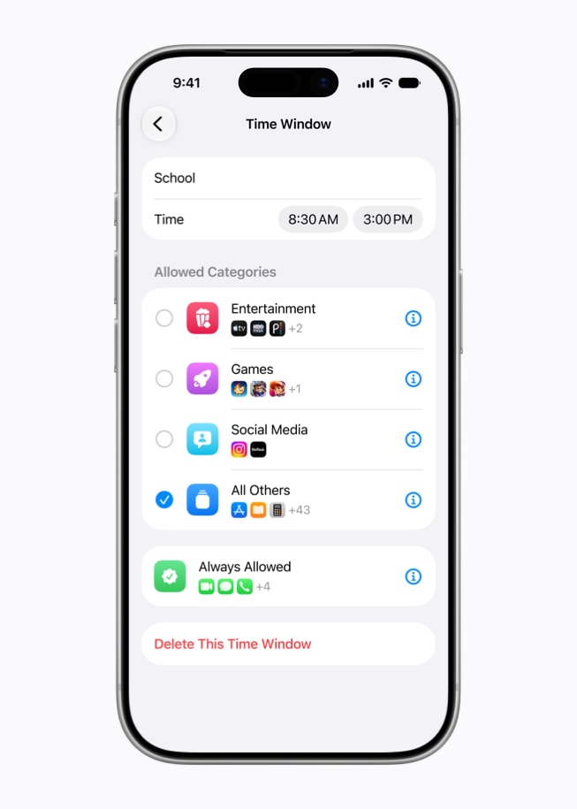 Layar di iPhone 17 Pro menampilkan opsi untuk mengatur Jendela Waktu.