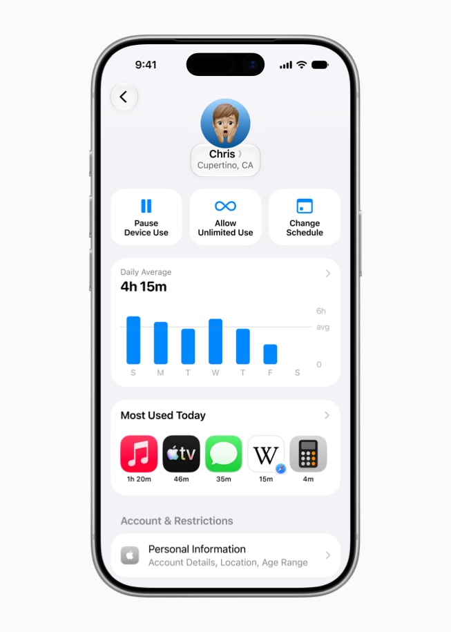 Layar di iPhone 17 Pro menampilkan pengalaman Durasi Layar yang didesain ulang dengan rata-rata penggunaan harian, aplikasi yang paling banyak digunakan, dan kontrol untuk memberikan jeda pada perangkat.