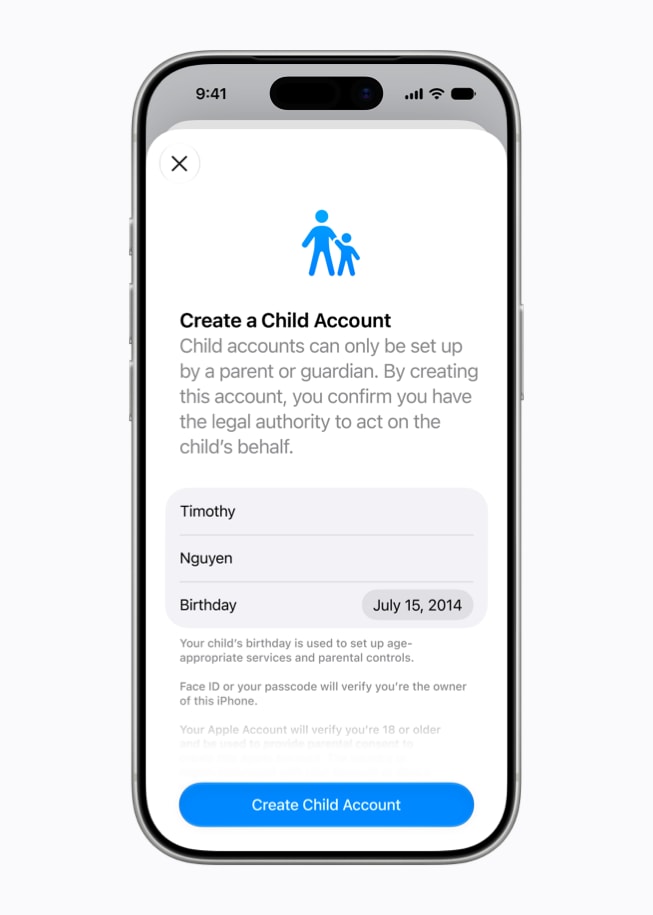 Layar yang ditampilkan pada iPhone 17 Pro menunjukkan antarmuka Buat Akun Anak, dengan kolom untuk nama dan tanggal lahir.