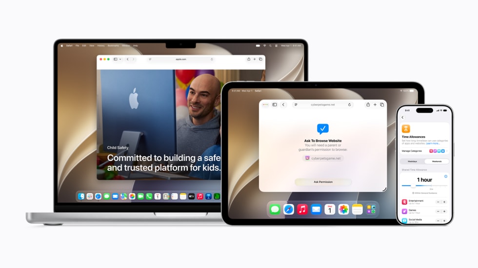 MacBook Pro 14 inci, iPad Pro 11 inci, dan iPhone 17 Pro disusun berdampingan, dengan menampilkan berbagai layar yang berkaitan dengan fitur keamanan anak Apple yang diperbarui.