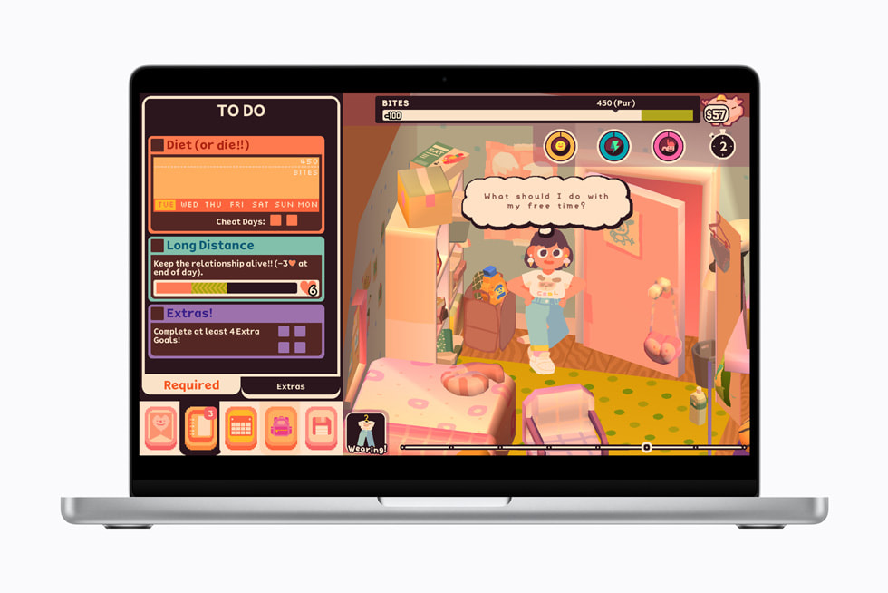 La app Consume Me en una MacBook Pro de 14 pulgadas muestra una vista aérea de un personaje del juego en un baño repleto de cosas.