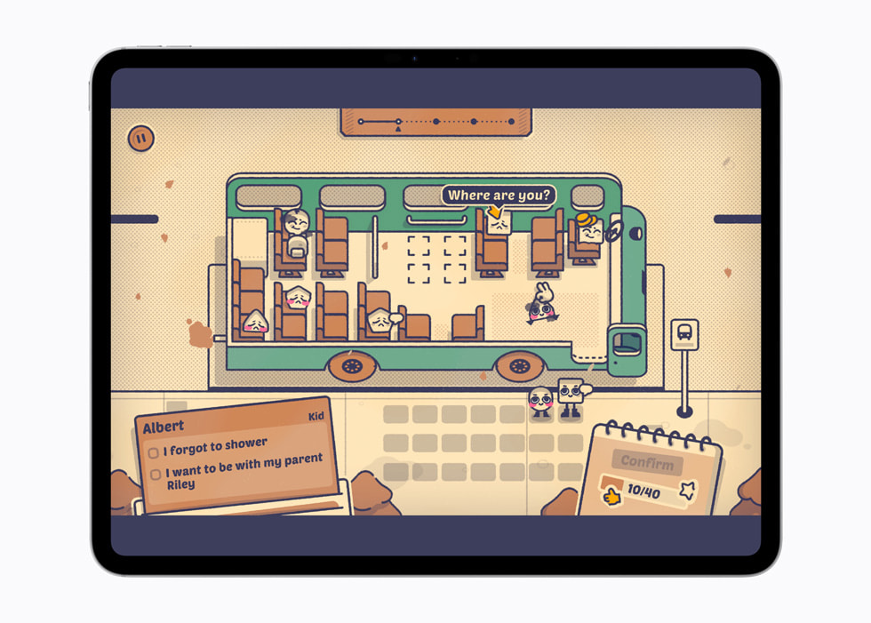El juego Is This Seat Taken? en un iPad Air de 13 pulgadas muestra el interior de un autobús con estilo de caricatura y varios personajes.