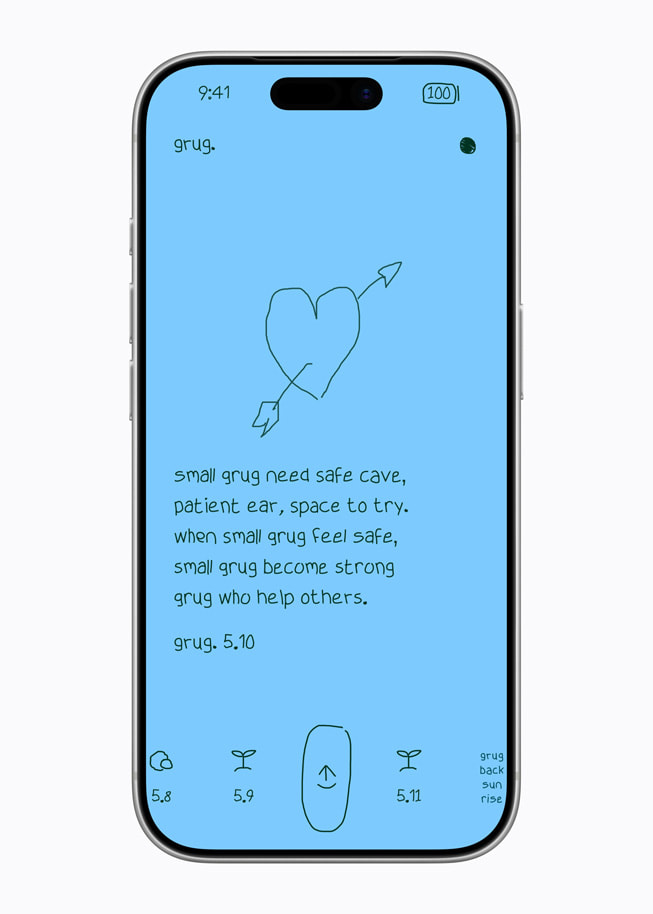 La app grug en un iPhone 17 Pro muestra una pantalla de color azul claro con un dibujo de un corazón atravesado por una flecha y un breve poema.