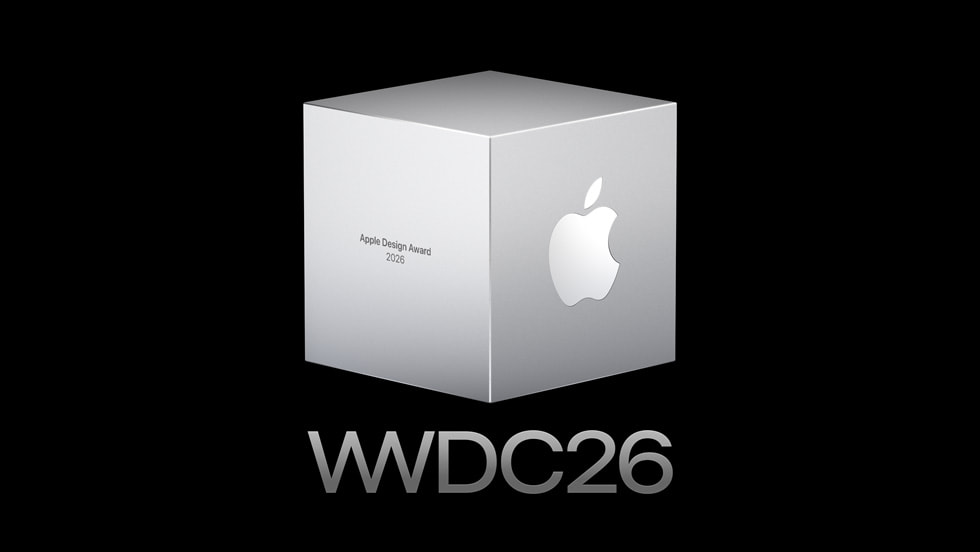 Un cubo blanco muestra el logo de Apple a uno de los lados y el texto “WWDC26” al frente sobre un fondo negro.