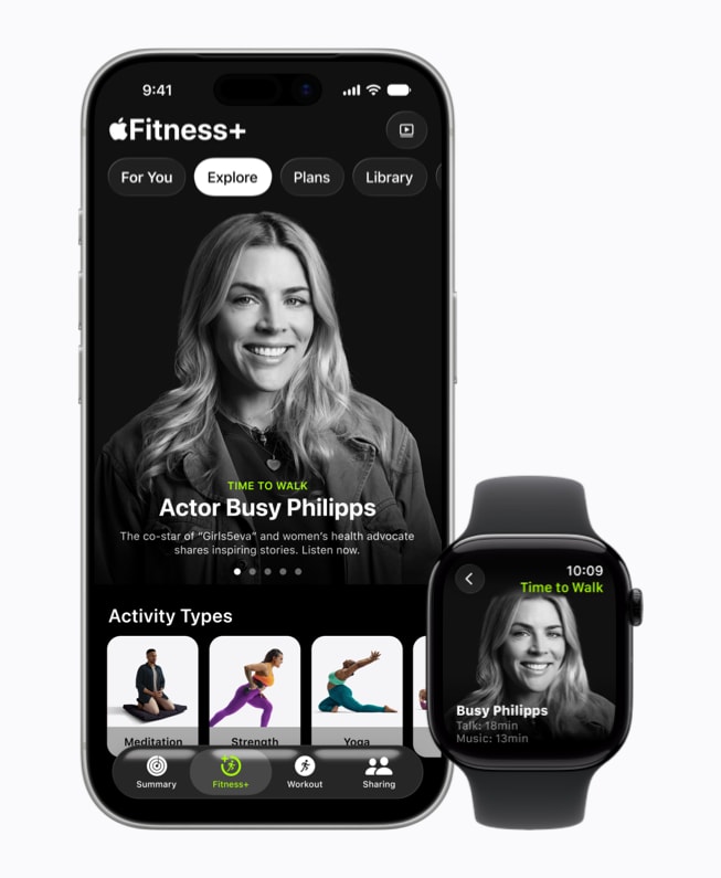 iPhone 17 Pro وApple Watch يعرضان رسماً رئيسياً من حلقة بزّي فيليبس من برنامج وقت المشي.