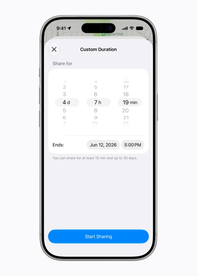 iPhone 17 Pro يعرض شاشة تحديد الموقع تُظهر مستخدماً يضبط فترة مخصصة لمدة أربعة أيام وسبع ساعات و19 دقيقة.