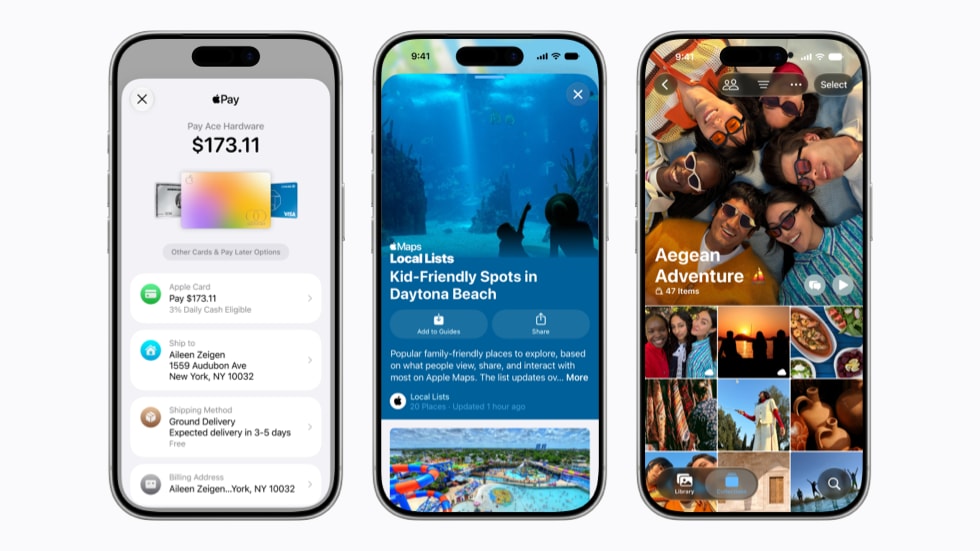 ثلاثة أجهزة iPhone 17 Pro تعرض شاشات لخدمات مختلفة من Apple.
