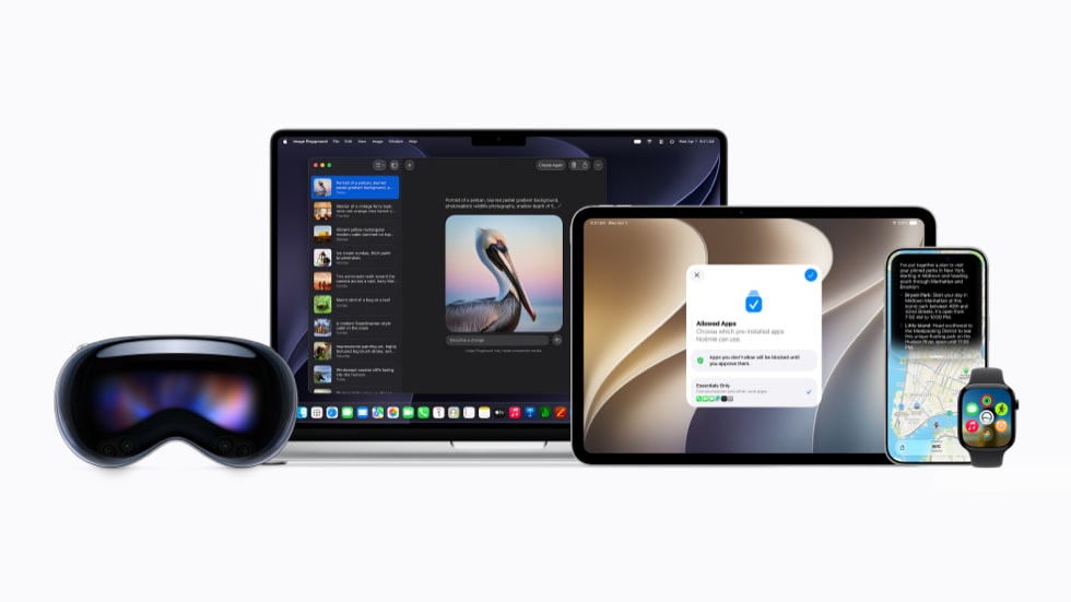 Apple Vision Pro, MacBook, iPad, iPhone, Apple Watch, Apple TV의 모습.