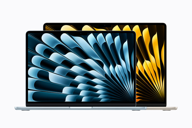 Se muestran dos dispositivos MacBook Air frente a un fondo blanco.