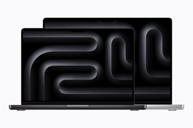 Se muestran dos dispositivos MacBook Pro frente a un fondo blanco.