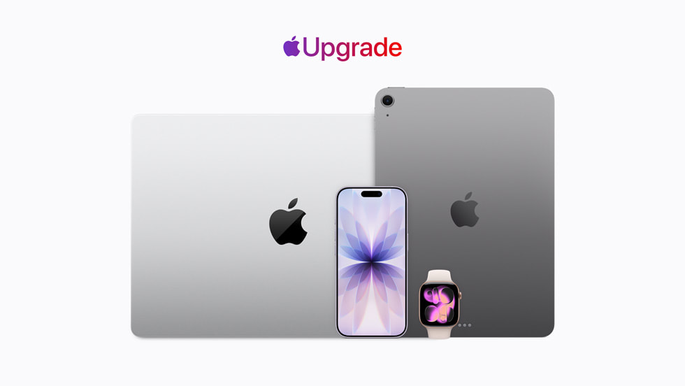Se muestran cuatro dispositivos, una MacBook Pro, un iPad Pro, un iPhone 17 Pro y un Apple Watch, frente a un fondo blanco, junto con un texto que muestra el logo de Apple y la palabra “Upgrade”.