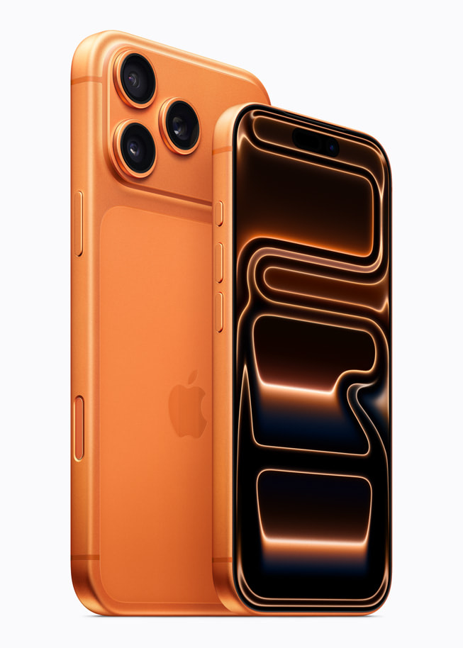 Se muestra la parte posterior de un iPhone 17 Pro Max y el frente de un iPhone 17 Pro.