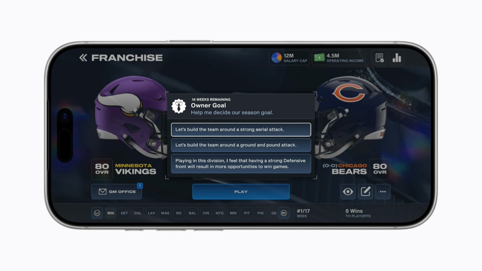 Layar iPhone 17 Pro menampilkan mode Franchise di Madden NFL 27.