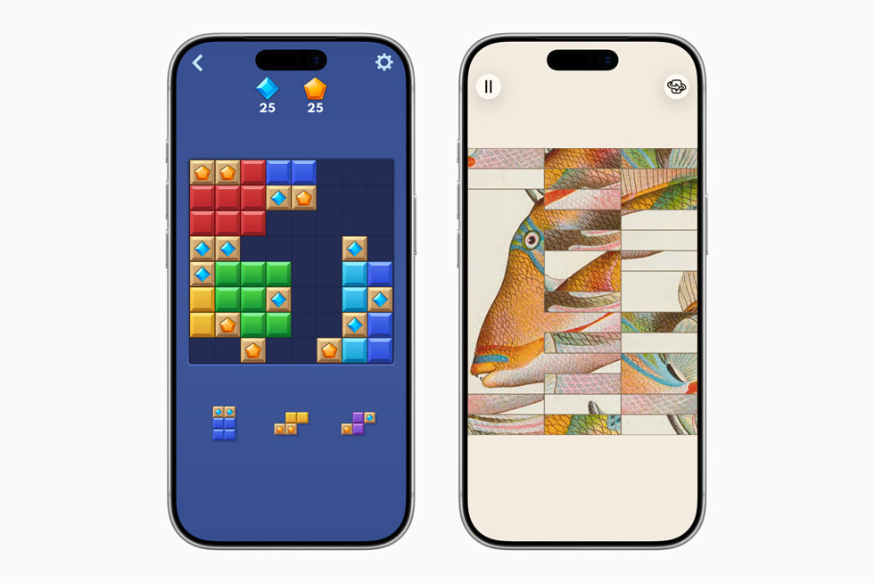 Dua perangkat iPhone 17 Pro ditampilkan berdampingan, dengan salah satunya menampilkan layar dari game Block Blast!+ dan yang lainnya Art of Fauna: Cozy Puzzles+.