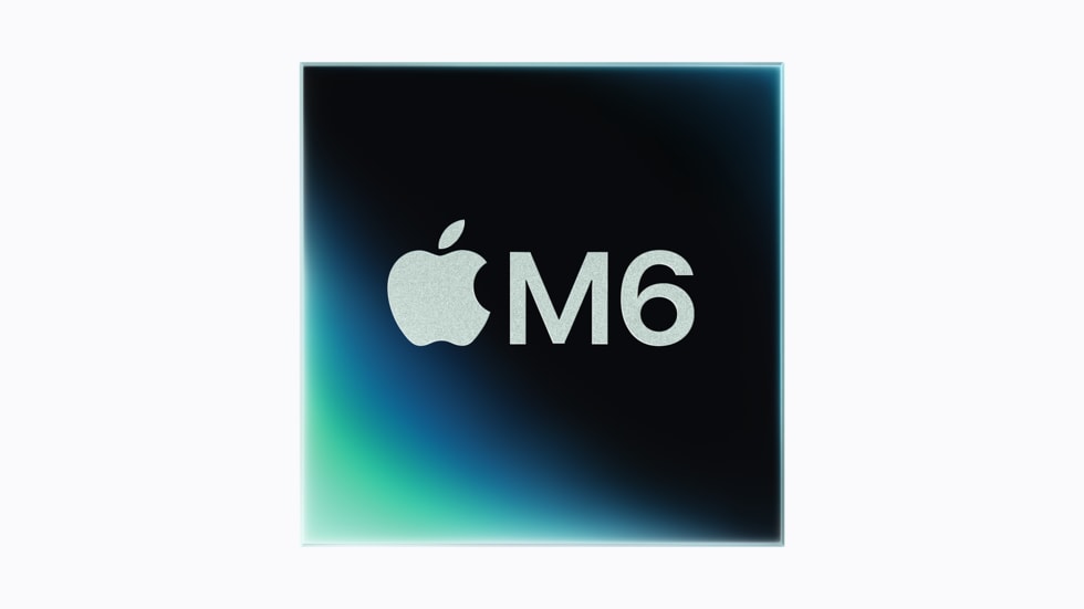Logo for Apple M6-chip på en baggrund, der skifter fra blå til lilla.